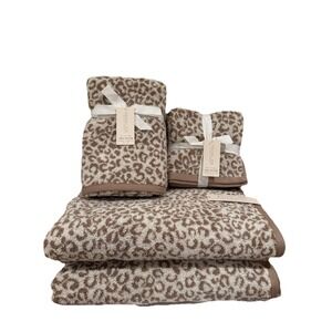 8PC Rachel Zoe Leopard Cheetah Beige & Cream Bath Towel Set Reversible
